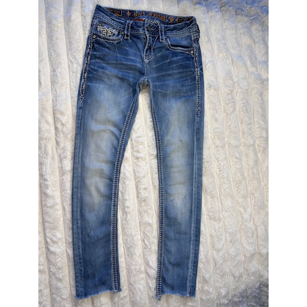 Rock Revival Skinny Jean Women 27 Medium Wash Rhinestone Fleur De Lis Frayed Hem